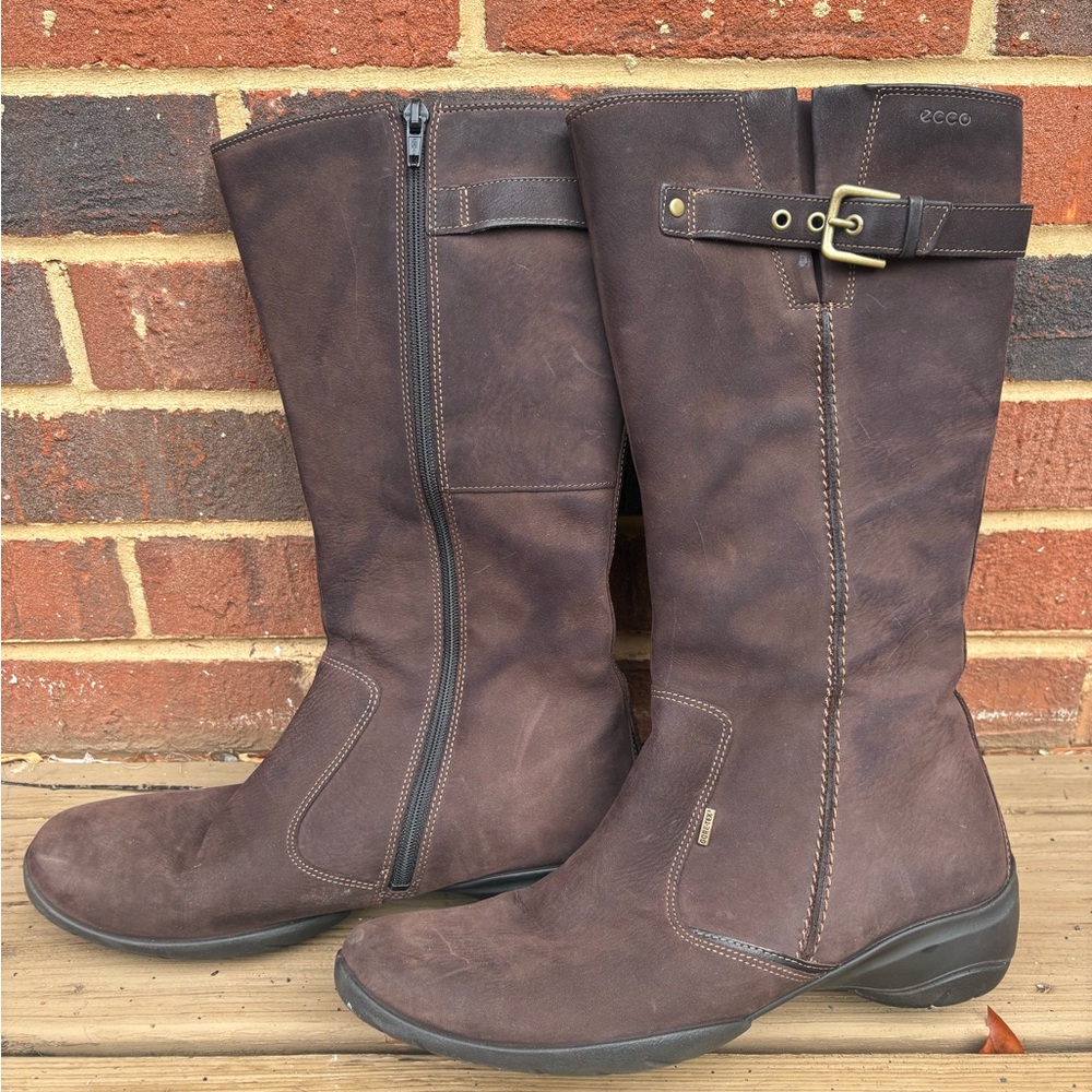 Ecco Dark Brown Leather Mid-Calf Zip Buckle Boots